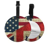 Round Leather Luggage Tag Fun USA UK Flag Printed Id Tags for Travel Bags, Suitcases & Handbags Cute & Personalized Luggage Labels with Privacy Cover