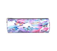 Round Leather Pencil Case Pencil Bag Colorful Butterfly Print Zippered Pen Pouch for Work Office for Men, Women