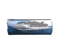 Round Leather Pencil Case Pencil Bag Cruise Ship Print Zippered Pen Pouch for Work Office for Men, Women