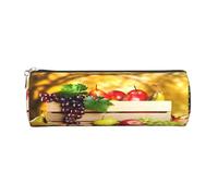 Round Leather Pencil Case Pencil Bag Fall Red Leaves and Fruits Print Zippered Pen Pouch for Work Office for Men, Women