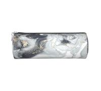 Round Leather Pencil Case Pencil Bag Grey Marble Stripe Print Zippered Pen Pouch for Work Office for Men, Women