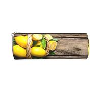 Round Leather Pencil Case Pencil Bag One Basket Lemons Print Zippered Pen Pouch for Work Office for Men, Women