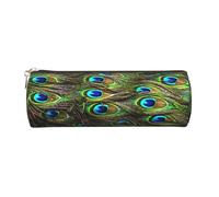 Round Leather Pencil Case Pencil Bag Peacock's Feather Print Zippered Pen Pouch for Work Office for Men, Women