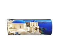Round Leather Pencil Case Pencil Bag Santorini Greek Island sea View Print Zippered Pen Pouch for Work Office for Men, Women