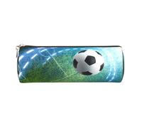 Round Leather Pencil Case Pencil Bag Soccer Sports Ball Print Zippered Pen Pouch for Work Office for Men, Women