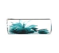 Round Leather Pencil Case Pencil Bag Teal Lily Print Zippered Pen Pouch for Work Office for Men, Women
