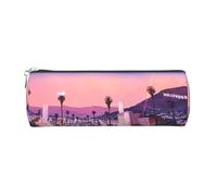Round Leather Pencil Case Pencil Bag The Old Hollywood Print Zippered Pen Pouch for Work Office for Men, Women