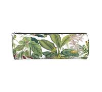 Round Leather Pencil Case Pencil Bag Tropical Flower Leaf Parrot Print Zippered Pen Pouch for Work Office for Men, Women