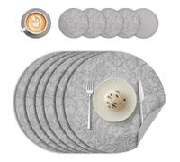 Round Leather Placemats and Coasters Set of 6 - 34cm Dual Sided Non-Slip Heat Resistant Table Mats for Kitchen Coffee Table, Washable (Gray)
