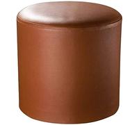 Round Leather Pouf Ottoman Footstool - Solid Wood Upholstered Coffee Table Bench for Living Room Small Size (33x33x34cm / 13x13x13inch) Stylish Brown Accent