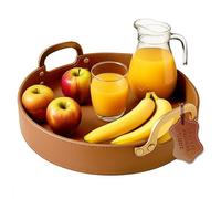 Round Leather Stitched Tray with Brass Handle Ideal for Wine Surving Coffee Ottoman Tray for Office Storage Drinks Snack Home Kitchen Counter Centerpiece (16 x 16 Inchecs)