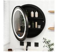 Round LED Bathroom Medicine Cabinet Mirror 3 Color Lighting Wall Mounted with Shelf Stylish Black Finish 60cm Diameter Perfect for Modern Bathrooms.