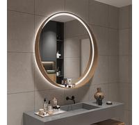 Round LED Bathroom Mirror Wood Frame Illuminated Vanity Mirror Touch Sensor Makeup Mirror 3-Color Dimmable Light Wall Mounted IP44 60CM Size
