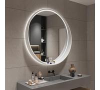 Round LED Bathroom Mirror - Wood Frame Lighted Vanity Mirror with Touch Sensor 3-Color Dimmable Lighting Waterproof IP44 Wall Mounted Makeup Mirror 60CM