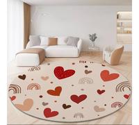 Round Light Pink Rug for Living Room and Bedroom, 150 cm Washable Short Pile Carpet with Bohemian Heart Rainbow Polka Dots Pattern, Soft Circle Carpet, Anti-Slip Room Decor