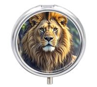 Round Lion Image Pill Box Small Pill Case with 3 Compartment Portable Metal Medicine Organizer Mini Travel Medicine Vitamin Supplement Container for Pocket Purse