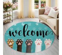 Round Living Room Rug 100 cm, Blue-Green Printed Washable Non Slip Rug for Bedroom Kitchen Entryway, Cute Animal Cat Paw Prints Circle Soft Children's Room Low Pile Carpet