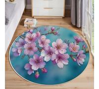 Round Living Room Rug 200Cm , Blooming Cherry Blossoms Circle Area Carpet,Watercolor Flowers Soft Low Pile Washable Non Slip Stain Resistant Floor Mat For Bedroom Entryway Dorm Beside, Light Purple