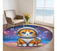 Round Living Room Rug 60 cm, Astronaut Space Pet Cosmic Galaxy Explorer Low Pile Non Slip Resistant Circle Carpet for Bedroom Kitchen Entryway Dorm Beside, 3D Science Fiction Cartoon Animals Cats