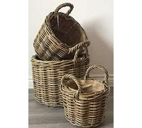 Round Log/Kindling/Storage Baskets, Hessian Lined, Excellent Quality, Very Strong Kuba Rattan (Set of 3)