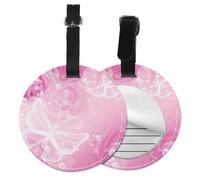 Round Luggage Tag,Microfiber Pu Leather Label,Luggage Tags for Cruise Ships Suitcase Tags Pink and White Butterfly Print Privacy Cover Id Label (1 Pack/2 Pack/4 Pack)
