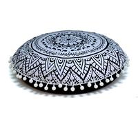 Round Mandala Floor Pillow Cover Seating Cushion Throw Case Hippie Decorative Bohemian Ottoman Pouf Cover, Pom Pom Pillow Cases,Boho Indian 22 Inches (Black Flower)