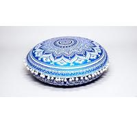 Round Mandala Floor Pillow Cover Seating Cushion Throw Cover Hippie Decorative Bohemian Ottoman Pouf Cover, Pom Pom Pillow Cases,Boho Indian 22 Inches (Blue)
