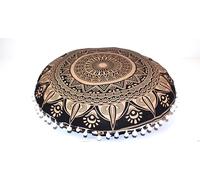 Round Mandala Floor Pillow Cover Seating Cushion Throw Cover Hippie Decorative Bohemian Ottoman Pouf Cover, Pom Pom Pillow Cases,Boho Indian Golden, 22" Round