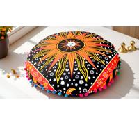 Round Mandala Floor Pillow Cover Seating Cushion Throw Cover Hippie Decorative Bohemian Ottoman Pouf Cover, Pom Pom Pillow Cases,Boho Indian 22 Inches Orange Burning Sun