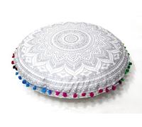 Round Mandala Floor Pillow Cover Seating Cushion Throw Cover Hippie Decorative Bohemian Ottoman Pouf Cover, Pom Pom Pillow Cases,Boho Indian 32 Inches Silver