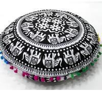 Round Mandala Floor Pillow Cover Seating Cushion Throw Cover Hippie Decorative Bohemian Ottoman Pouf Cover, Pom Pom Pillow Cases,Boho Indian 22 Inches (Black & White, 22" Round)