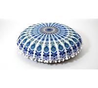 Round Mandala Floor Pillow Cover Seating Cushion Throw Cover Hippie Decorative Bohemian Ottoman Pouf Cover, Pom Pom Pillow Cases,Boho Indian Sky Green, 22" Round