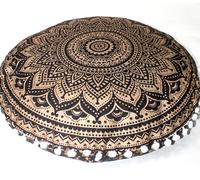 Round Mandala Floor Pillow Cover Seating Cushion Throw Cover Hippie Decorative Bohemian Ottoman Pouf Cover, Pom Pom Pillow Cases,Boho Indian Black Gold, 22" Round