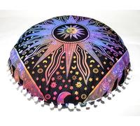 Round Mandala Floor Pillow Cover Seating Cushion Throw Cover Hippie Decorative Bohemian Ottoman Pouf Cover, Pom Pom Pillow Cases,Boho Indian Multi Purple, 22" Round