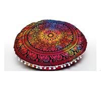 Round Mandala Floor Pillow Cover Seating Cushion Throw Cover Hippie Decorative Bohemian Ottoman Pouf Cover, Pom Pom Pillow Cases,Boho Indian 22 Inches (Multi Elephant Flower)