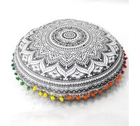 Round Mandala Floor Pillow Cover Seating Cushion Throw Cover Hippie Decorative Bohemian Ottoman Pouf Cover, Pom Pom Pillow Cases,Boho Indian Grey, 22" Round