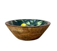 Round Mango Wood Decorative Bowl Lemons & Leaves Design - 20cm