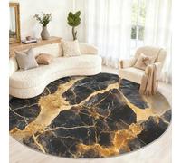 Round Marble Rug 150cm - Black Gold Marble Round Rugs for Living Room, Abstract Washable Rug, Soft Low Pile Circular Carpet for Patio High Traffic Area, Contemporary Home Decor & Gifts