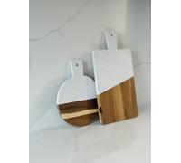 Round Marble & Wood Serving Board with Handle - Food-Safe Cutting Board