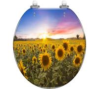 Round Meadow Toilet Seat Quiet Slow Close Quick Rase Hins Easy to Clean & Install Resin Fits Standard 16.5x14.2 Inches Slish Bathroom Décor