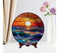 Round Melamine Decor Plate Sunset Ocean Wave Seascape Decor Plate | 26.5cm Waterproof Coastal Style Display Tray, Sunset Sea Stained Glass Art for Beach House Wall Decor & Ocean Lover Gift