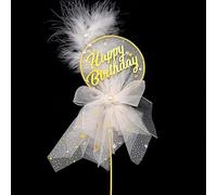 Round Mesh Pearl Bow Feather Happy Birthday Cake Topper For Costume Party Birthday Wedding Pageant