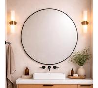 Round Metal Bathroom Mirror 110cm - Large Circular Wall Mounted Mirror - Modern Black Frame Vanity Mirror - Contemporary Bathroom, Toilet, Ensuite