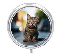 Round Metal Pill Box 3 Compartment Medicine Organiser Travel Pill Box Brown Tabby Kitten Printed for Vitamins Fish Oil Supplements