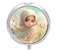 Round Metal Pill Box 3 Compartment Medicine Organiser Travel Pill Box Cartoon Muslim Girl Printed for Vitamins Fish Oil Supplements