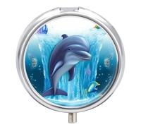 Round Metal Pill Box 3 Compartment Medicine Organiser Travel Pill Box Dolphin Printed for Vitamins Fish Oil Supplements