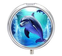 Round Metal Pill Box 3 Compartment Medicine Organiser Travel Pill Box Dolphin Printed for Vitamins Fish Oil Supplements