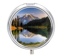 Round Metal Pill Box 3 Compartment Medicine Organiser Travel Pill Box Mountain and Lake Pictures Printed for Vitamins Fish Oil Supplements