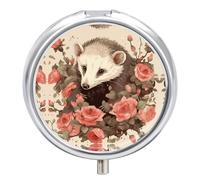 Round Metal Pill Box 3 Compartment Medicine Organiser Travel Pill Box Opossum and Roses Printed for Vitamins Fish Oil Supplements