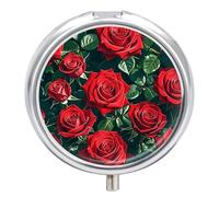 Round Metal Pill Box 3 Compartment Medicine Organiser Travel Pill Box Red Rose Romantic Printed for Vitamins Fish Oil Supplements